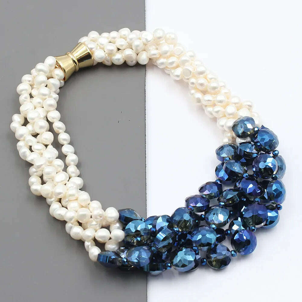 GuaiGuai Jewelry 5 Rows Natural White Keshi Potato Pearl Coin Blue Glass Crytal Necklace Handmade For Lady