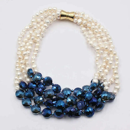 GuaiGuai Jewelry 5 Rows Natural White Keshi Potato Pearl Coin Blue Glass Crytal Necklace Handmade For Lady