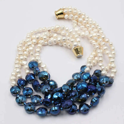 GuaiGuai Jewelry 5 Rows Natural White Keshi Potato Pearl Coin Blue Glass Crytal Necklace Handmade For Lady