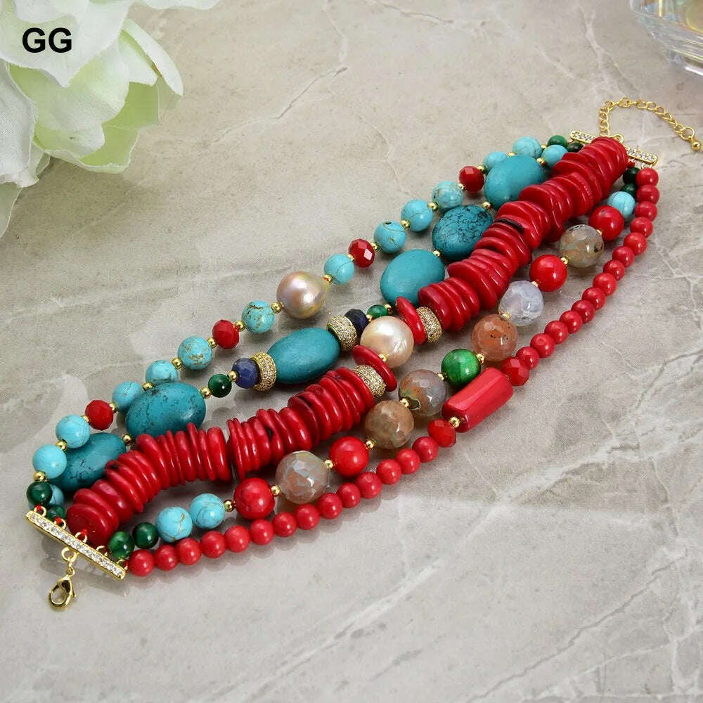GuaiGuai Jewelry 8" 5 Strands Natural Pearl Blue Turquoise Coral Gems Coral Stone Lapis Crystal Bracelet