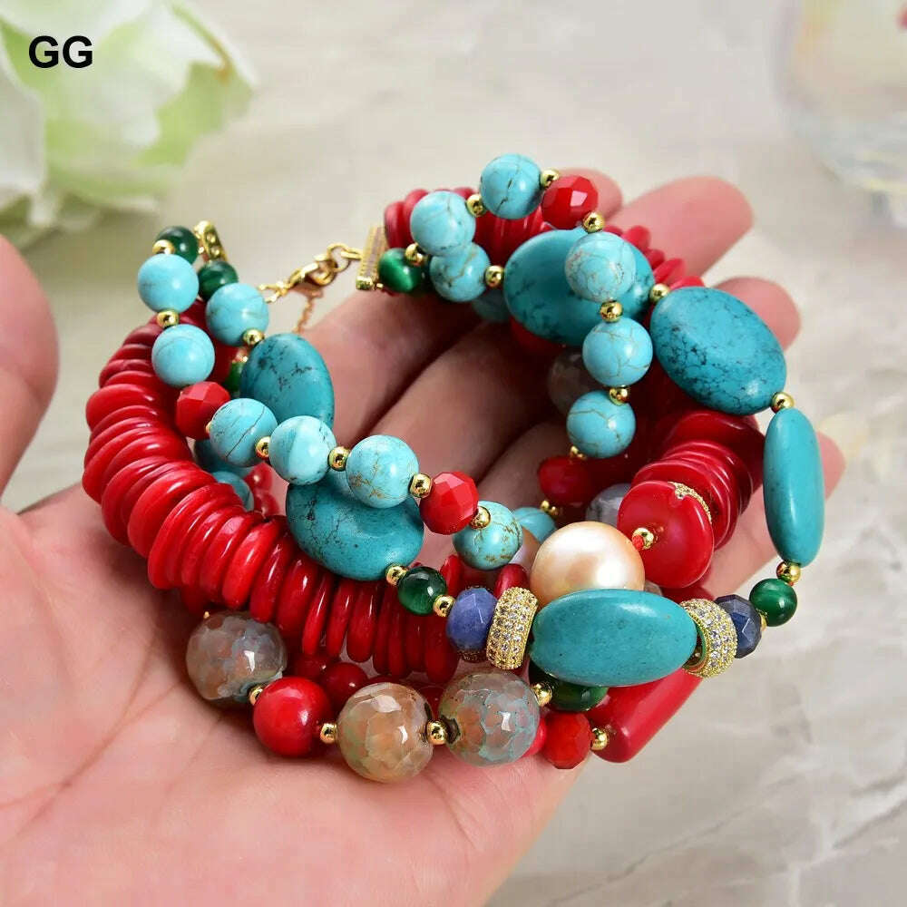 GuaiGuai Jewelry 8" 5 Strands Natural Pearl Blue Turquoise Coral Gems Coral Stone Lapis Crystal Bracelet