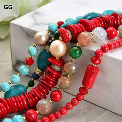 GuaiGuai Jewelry 8" 5 Strands Natural Pearl Blue Turquoise Coral Gems Coral Stone Lapis Crystal Bracelet