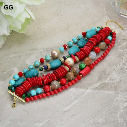 GuaiGuai Jewelry 8" 5 Strands Natural Pearl Blue Turquoise Coral Gems Coral Stone Lapis Crystal Bracelet