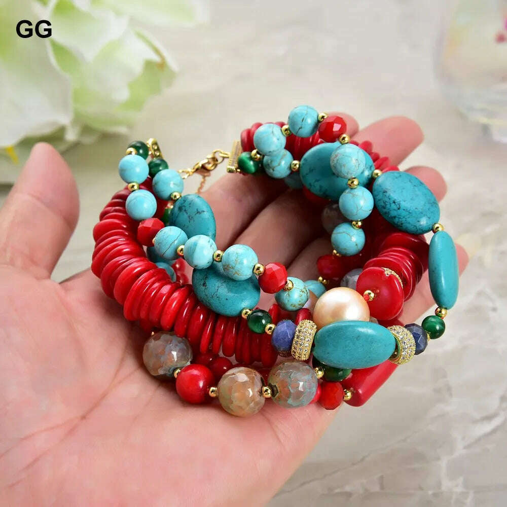 GuaiGuai Jewelry 8" 5 Strands Natural Pearl Blue Turquoise Coral Gems Coral Stone Lapis Crystal Bracelet