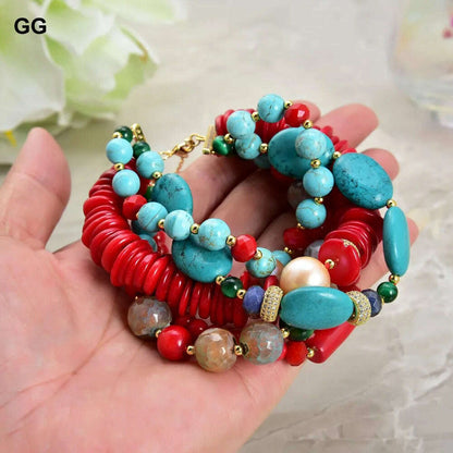 GuaiGuai Jewelry 8" 5 Strands Natural Pearl Blue Turquoise Coral Gems Coral Stone Lapis Crystal Bracelet