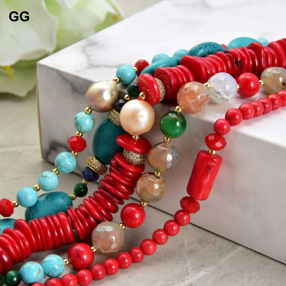 GuaiGuai Jewelry 8" 5 Strands Natural Pearl Blue Turquoise Coral Gems Coral Stone Lapis Crystal Bracelet