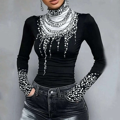 Gymystars Long Sleeve T Shirt Skinny Printed Tops for Women New Autumn High-Neck Slim Fit Clothes Black Wear Base Layer Outside