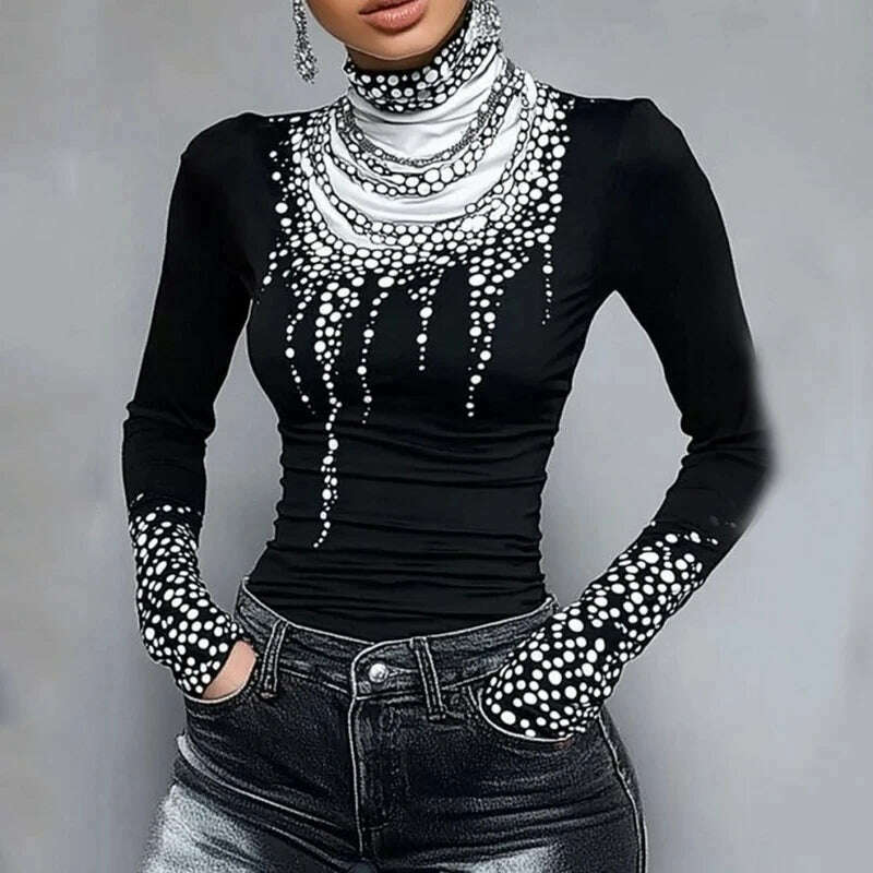 Gymystars Long Sleeve T Shirt Skinny Printed Tops for Women New Autumn High-Neck Slim Fit Clothes Black Wear Base Layer Outside