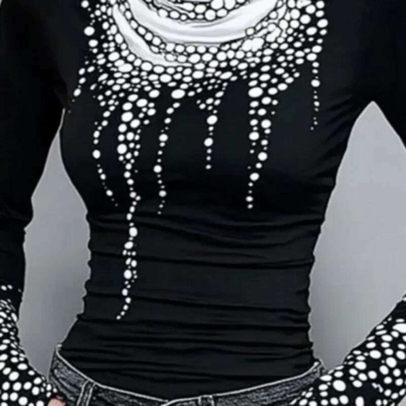 Gymystars Long Sleeve T Shirt Skinny Printed Tops for Women New Autumn High-Neck Slim Fit Clothes Black Wear Base Layer Outside