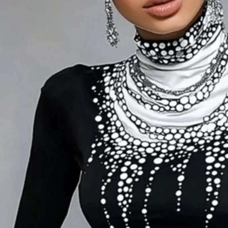 Gymystars Long Sleeve T Shirt Skinny Printed Tops for Women New Autumn High-Neck Slim Fit Clothes Black Wear Base Layer Outside