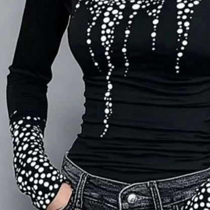 Gymystars Long Sleeve T Shirt Skinny Printed Tops for Women New Autumn High-Neck Slim Fit Clothes Black Wear Base Layer Outside