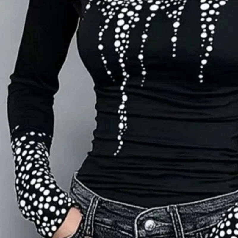 Gymystars Long Sleeve T Shirt Skinny Printed Tops for Women New Autumn High-Neck Slim Fit Clothes Black Wear Base Layer Outside