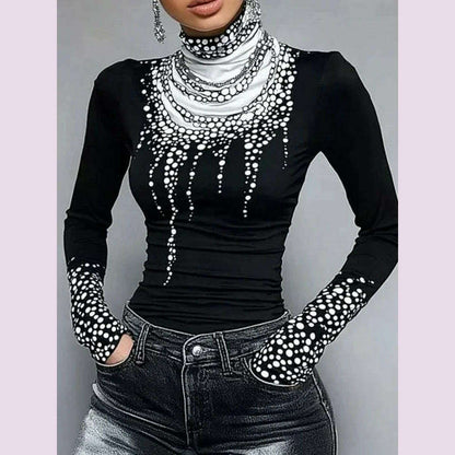 Gymystars Long Sleeve T Shirt Skinny Printed Tops for Women New Autumn High-Neck Slim Fit Clothes Black Wear Base Layer Outside