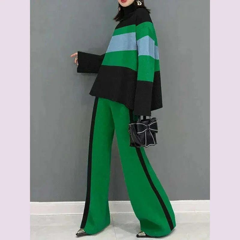 Gymystars Women's Suits Autumn Pants Sets New Casual Elegant Contrast Color Sweater Tops Loose Office Female Pullovers&Trousers