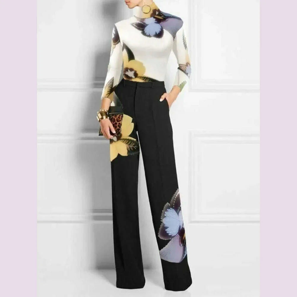 Gymystars Women's Two Pieces Set Pant Sets Colorful Skinny Flower Print T-Shirts High Waisted Pants  Trousers Female Top&bottom