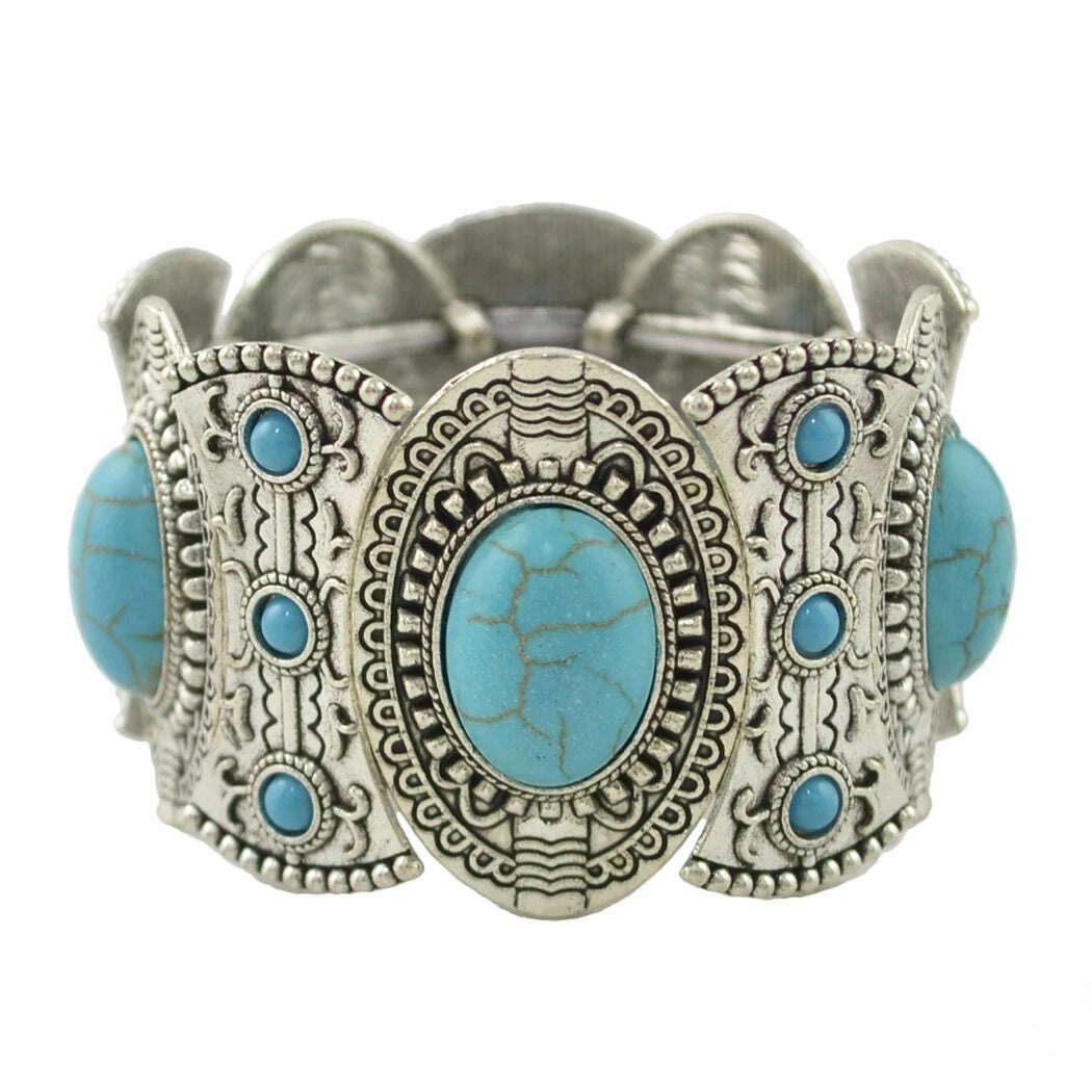 Gypsy Tribal Tibetan Bracelet for Women Boho Vintage Silvery Men's Turquoise Elastic Bangle Afghan Turkish Ethnic Indian Jewelry