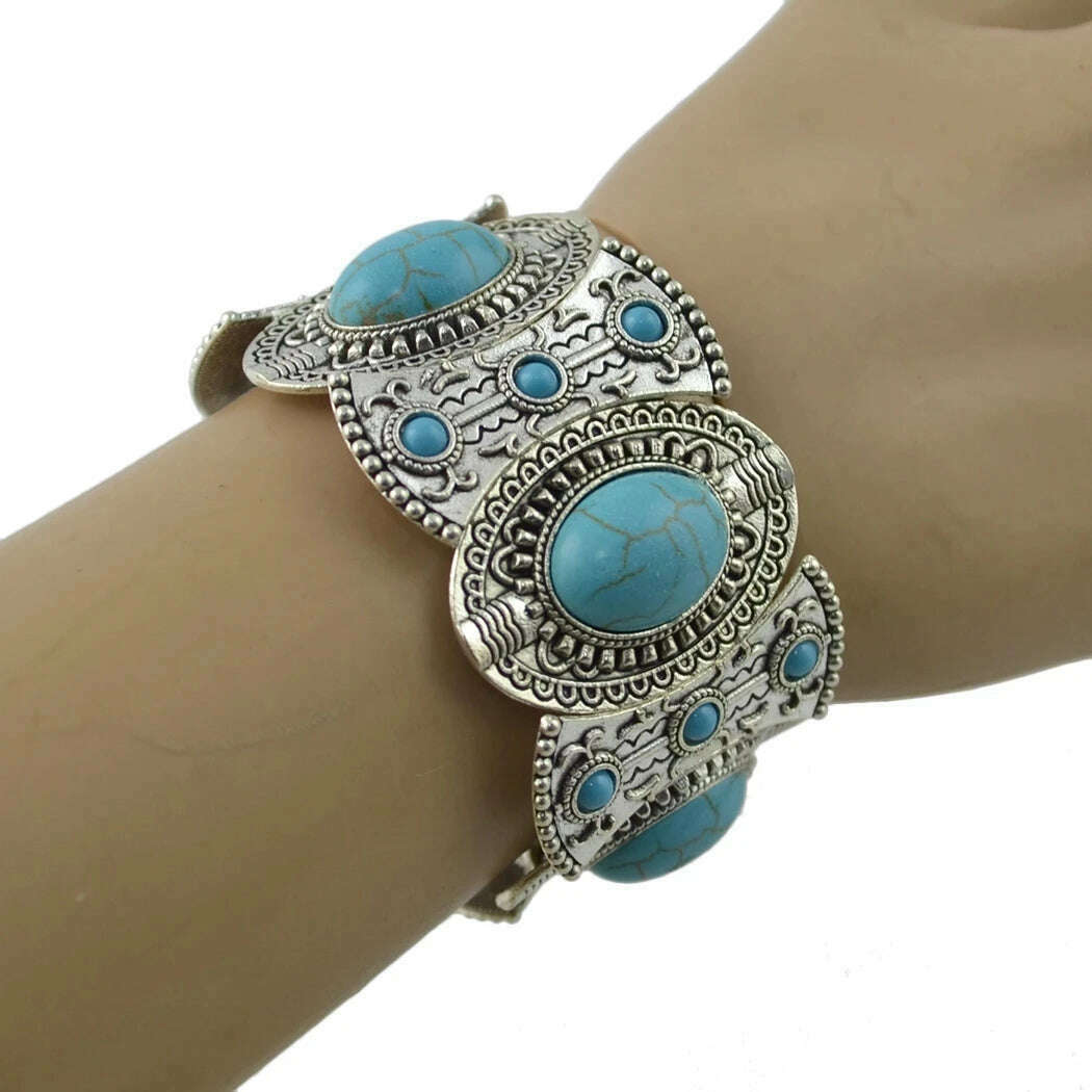 Gypsy Tribal Tibetan Bracelet for Women Boho Vintage Silvery Men's Turquoise Elastic Bangle Afghan Turkish Ethnic Indian Jewelry