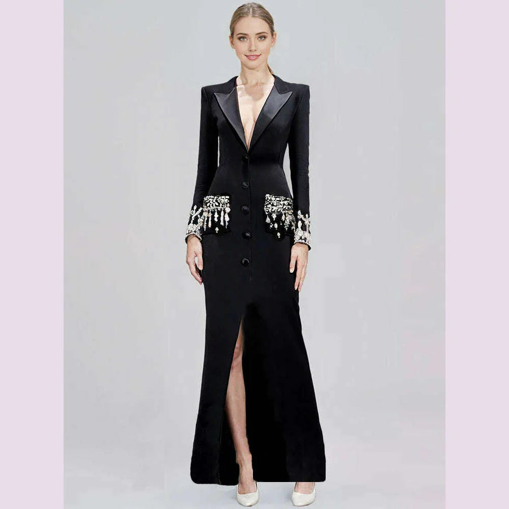 Handmade Studded Diamond Crystal Suit Collar Dress Fish Tail Black Floor Length Suit Collar Maxi Dresses for Women Wedding 2024