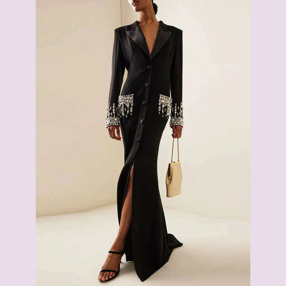 Handmade Studded Diamond Crystal Suit Collar Dress Fish Tail Black Floor Length Suit Collar Maxi Dresses for Women Wedding 2024