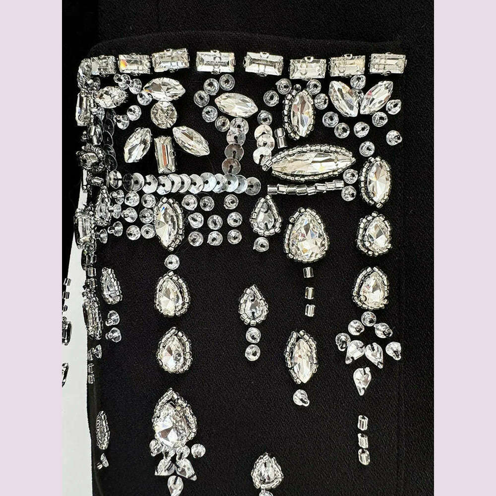 Handmade Studded Diamond Crystal Suit Collar Dress Fish Tail Black Floor Length Suit Collar Maxi Dresses for Women Wedding 2024