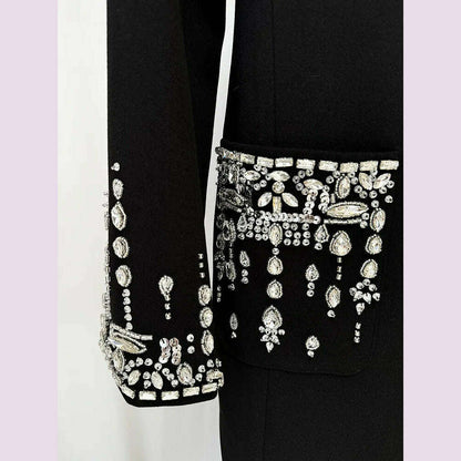Handmade Studded Diamond Crystal Suit Collar Dress Fish Tail Black Floor Length Suit Collar Maxi Dresses for Women Wedding 2024