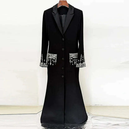 Handmade Studded Diamond Crystal Suit Collar Dress Fish Tail Black Floor Length Suit Collar Maxi Dresses for Women Wedding 2024