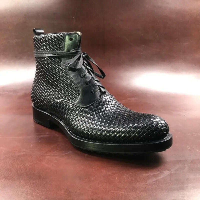 Handmade Weave Cowhide Cowboy Boots Men Vintage Genuine Leather Pointed Toe Motorcycle Bikers Boots Mens Shoes Large Size 37-45