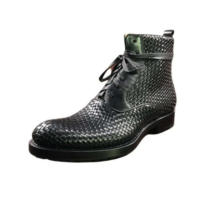 Handmade Weave Cowhide Cowboy Boots Men Vintage Genuine Leather Pointed Toe Motorcycle Bikers Boots Mens Shoes Large Size 37-45