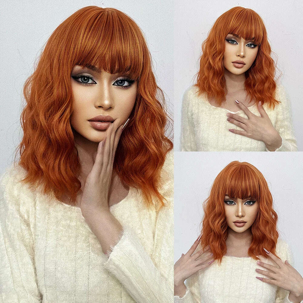 HENRY MARGU Red Copper Ginger Synthetic Wigs with Bangs Medium Water Wave Natural Bob Daily Hair Wigs for Women Heat Resistant