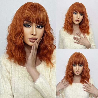 HENRY MARGU Red Copper Ginger Synthetic Wigs with Bangs Medium Water Wave Natural Bob Daily Hair Wigs for Women Heat Resistant