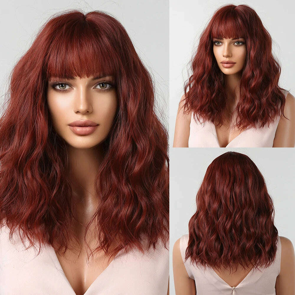 HENRY MARGU Red Copper Ginger Synthetic Wigs with Bangs Medium Water Wave Natural Bob Daily Hair Wigs for Women Heat Resistant