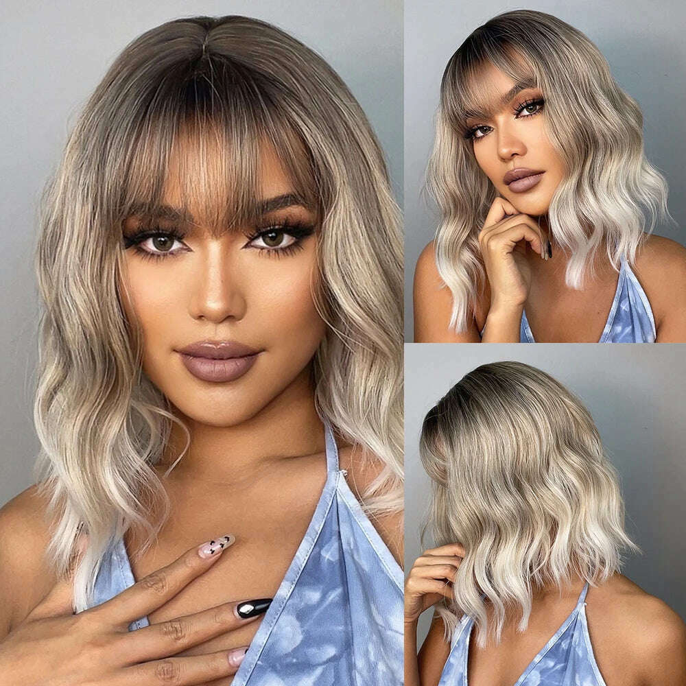 HENRY MARGU Red Copper Ginger Synthetic Wigs with Bangs Medium Water Wave Natural Bob Daily Hair Wigs for Women Heat Resistant