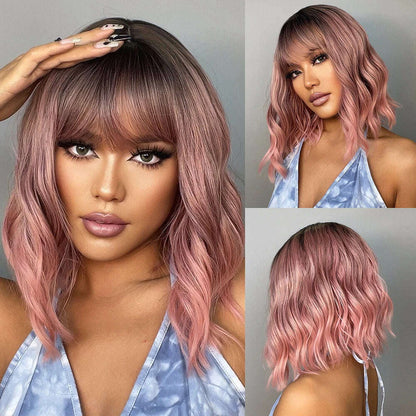 HENRY MARGU Red Copper Ginger Synthetic Wigs with Bangs Medium Water Wave Natural Bob Daily Hair Wigs for Women Heat Resistant