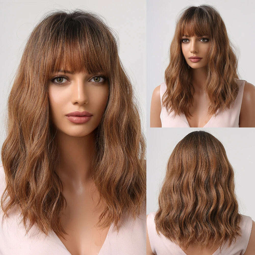 HENRY MARGU Red Copper Ginger Synthetic Wigs with Bangs Medium Water Wave Natural Bob Daily Hair Wigs for Women Heat Resistant
