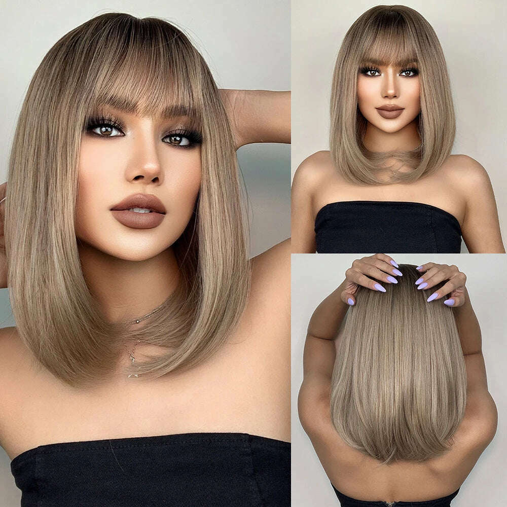 HENRY MARGU Red Copper Ginger Synthetic Wigs with Bangs Medium Water Wave Natural Bob Daily Hair Wigs for Women Heat Resistant