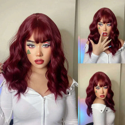 HENRY MARGU Red Copper Ginger Synthetic Wigs with Bangs Medium Water Wave Natural Bob Daily Hair Wigs for Women Heat Resistant
