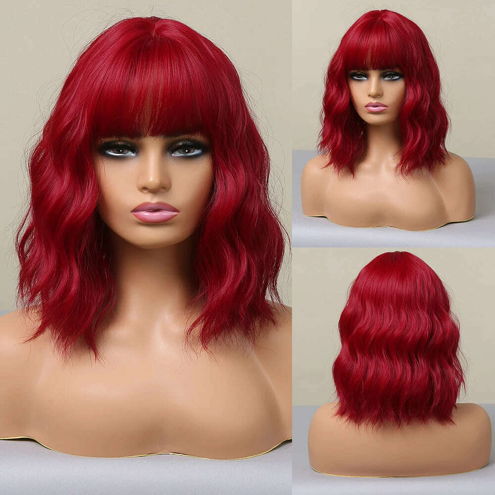HENRY MARGU Red Copper Ginger Synthetic Wigs with Bangs Medium Water Wave Natural Bob Daily Hair Wigs for Women Heat Resistant