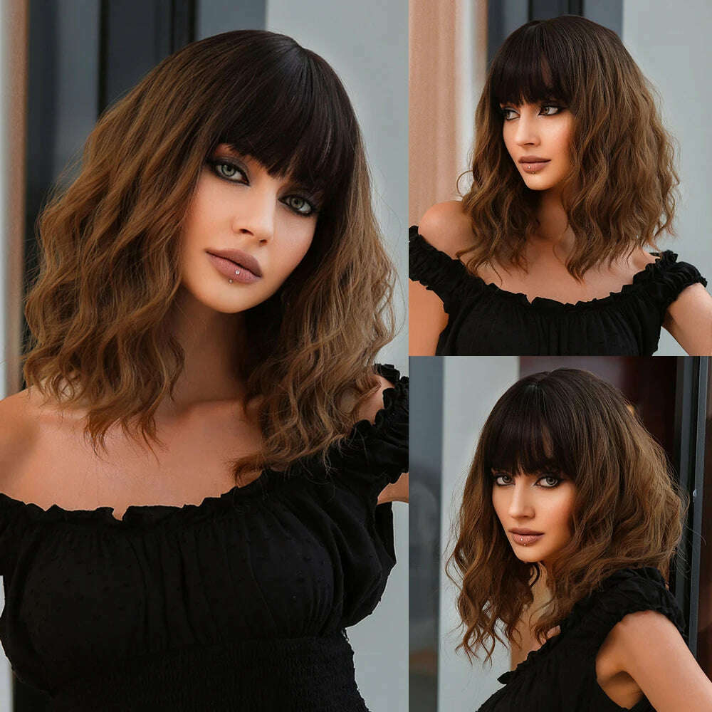 HENRY MARGU Red Copper Ginger Synthetic Wigs with Bangs Medium Water Wave Natural Bob Daily Hair Wigs for Women Heat Resistant