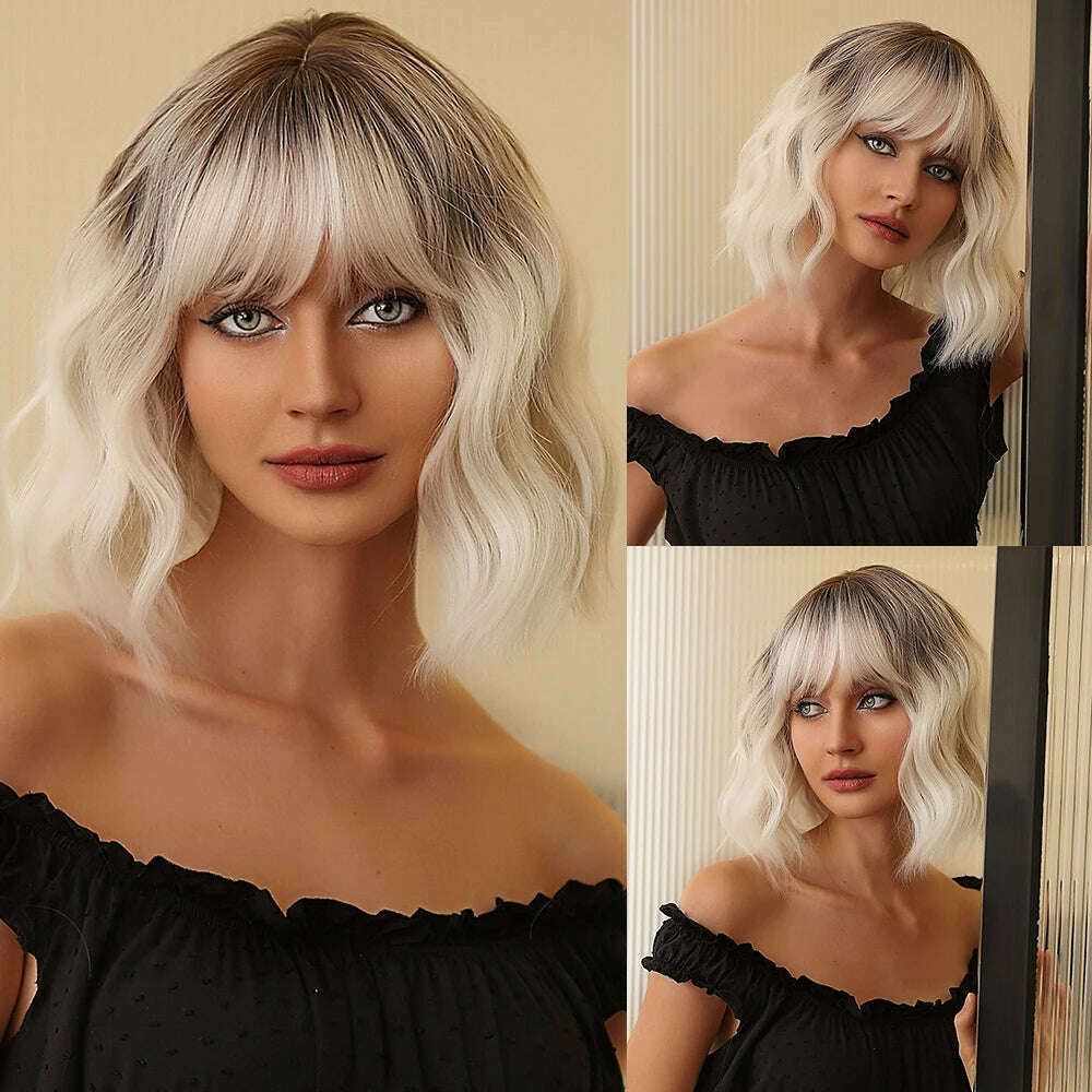 HENRY MARGU Red Copper Ginger Synthetic Wigs with Bangs Medium Water Wave Natural Bob Daily Hair Wigs for Women Heat Resistant