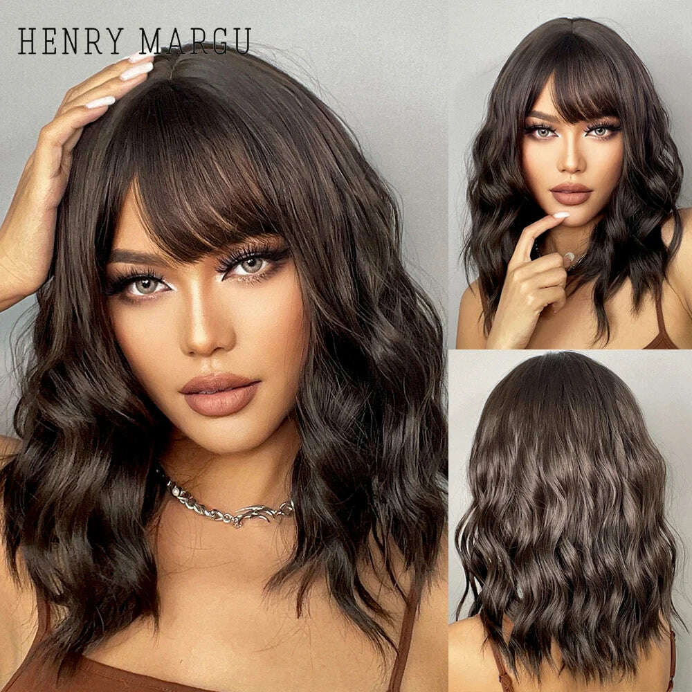 HENRY MARGU Red Copper Ginger Synthetic Wigs with Bangs Medium Water Wave Natural Bob Daily Hair Wigs for Women Heat Resistant