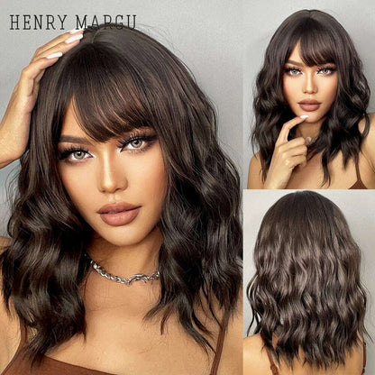 HENRY MARGU Red Copper Ginger Synthetic Wigs with Bangs Medium Water Wave Natural Bob Daily Hair Wigs for Women Heat Resistant