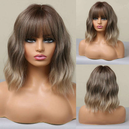 HENRY MARGU Red Copper Ginger Synthetic Wigs with Bangs Medium Water Wave Natural Bob Daily Hair Wigs for Women Heat Resistant