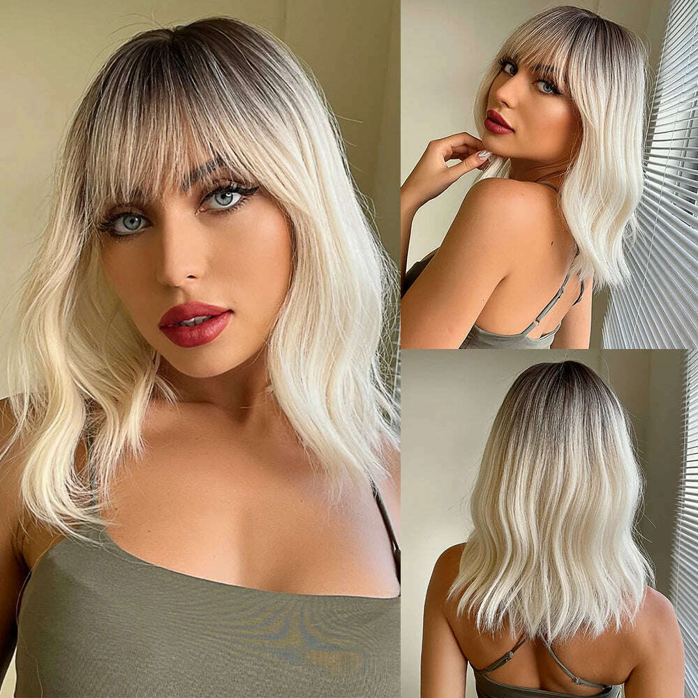 HENRY MARGU Red Copper Ginger Synthetic Wigs with Bangs Medium Water Wave Natural Bob Daily Hair Wigs for Women Heat Resistant