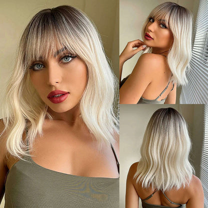 HENRY MARGU Red Copper Ginger Synthetic Wigs with Bangs Medium Water Wave Natural Bob Daily Hair Wigs for Women Heat Resistant