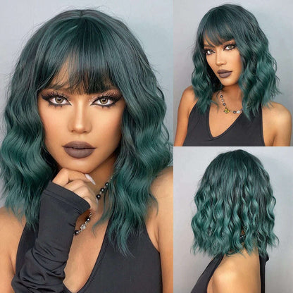 HENRY MARGU Red Copper Ginger Synthetic Wigs with Bangs Medium Water Wave Natural Bob Daily Hair Wigs for Women Heat Resistant