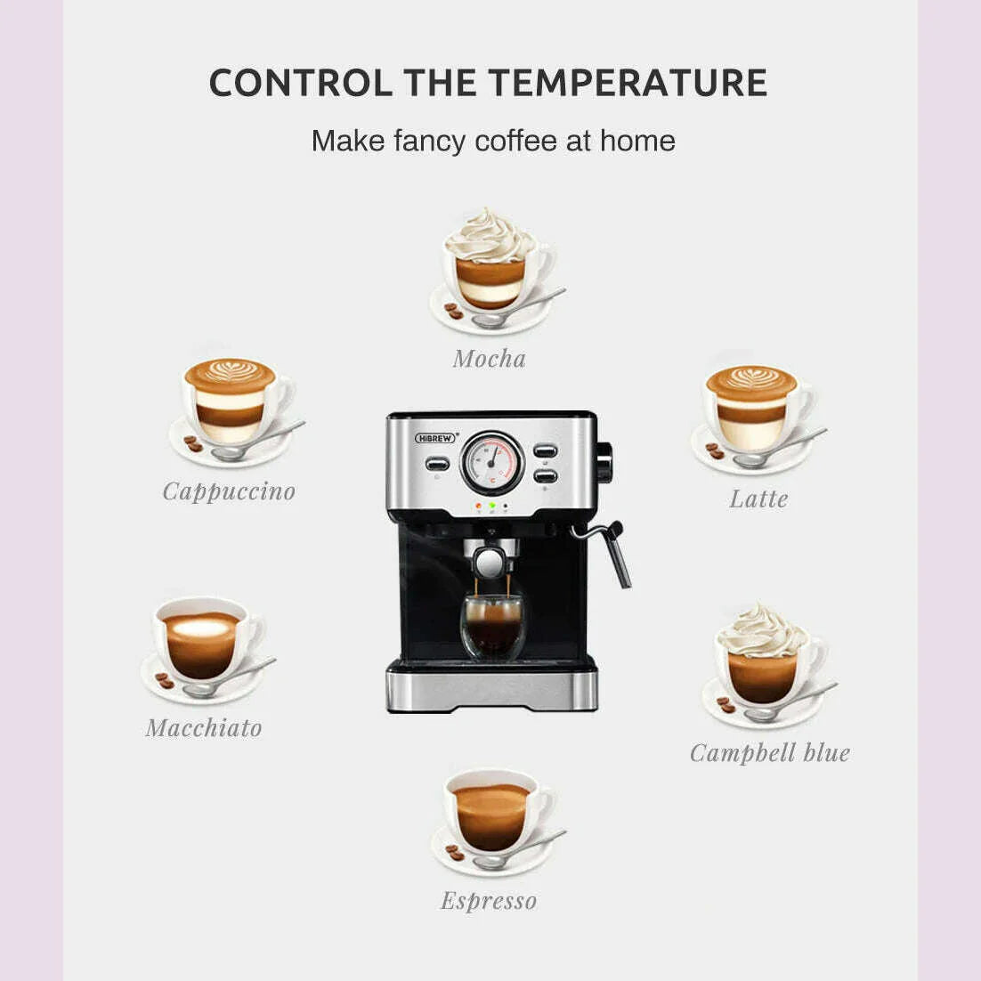 HiBREW Coffee Machine Cafetera 20 Bar Espresso Inox Semi Automatic Expresso Cappuccino Hot Water Steam Temperature Display H5