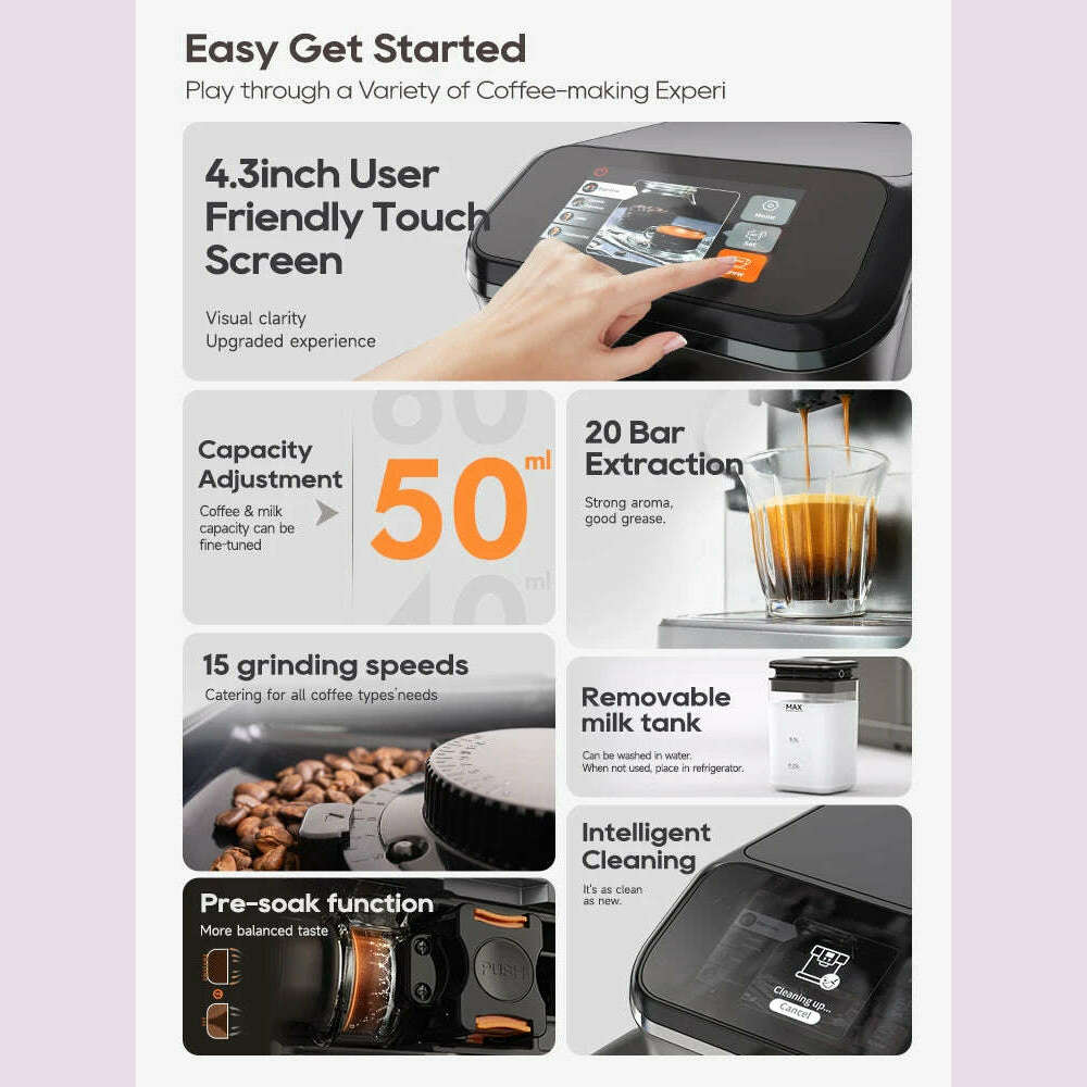 HiBREW Fully Automatic Espresso Machine Cappuccino Milk System 6 Coffee Varieties Intuitive Touch Display With Grinder H16