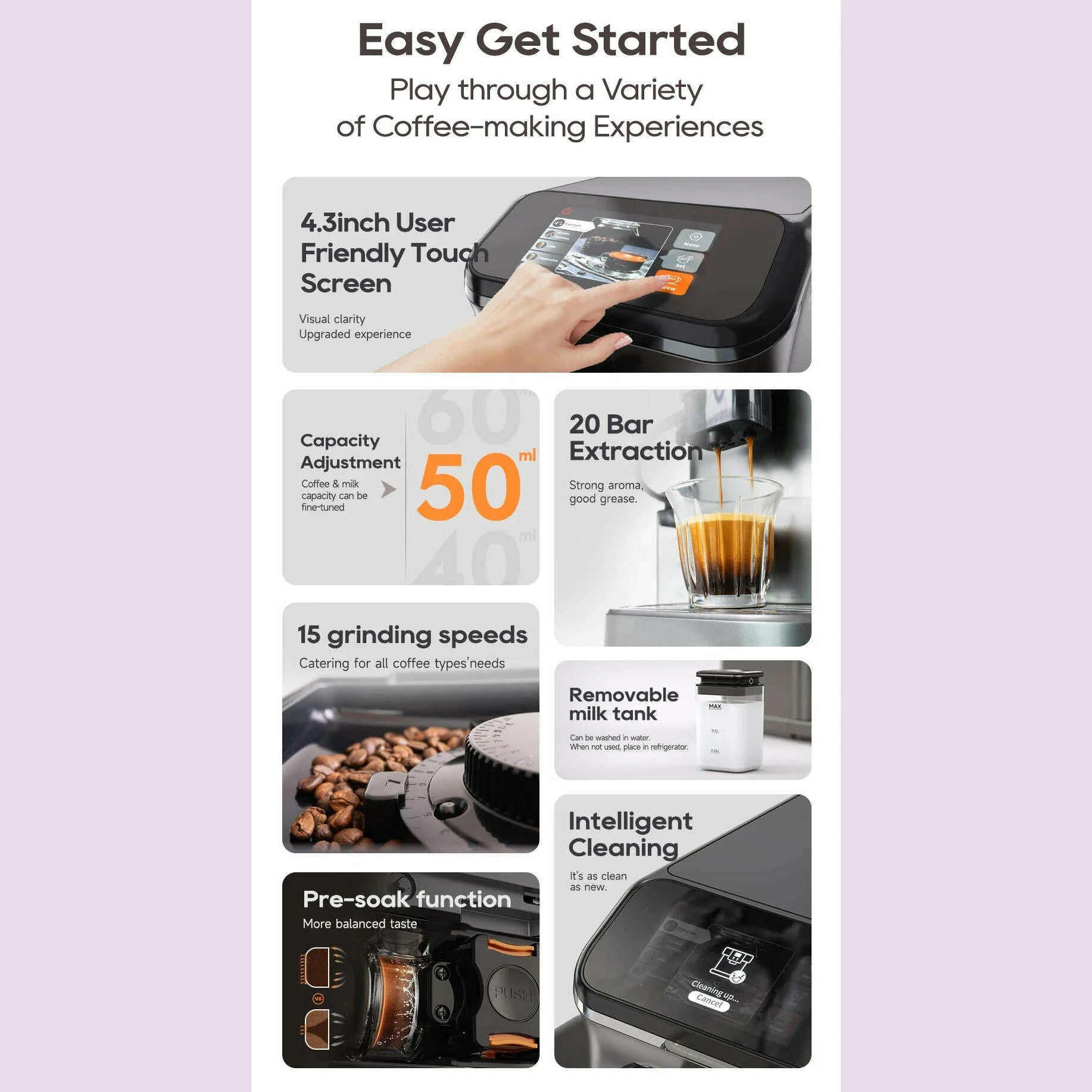 HiBREW Fully Automatic Espresso Machine Cappuccino Milk System 6 Coffee Varieties Intuitive Touch Display With Grinder H16