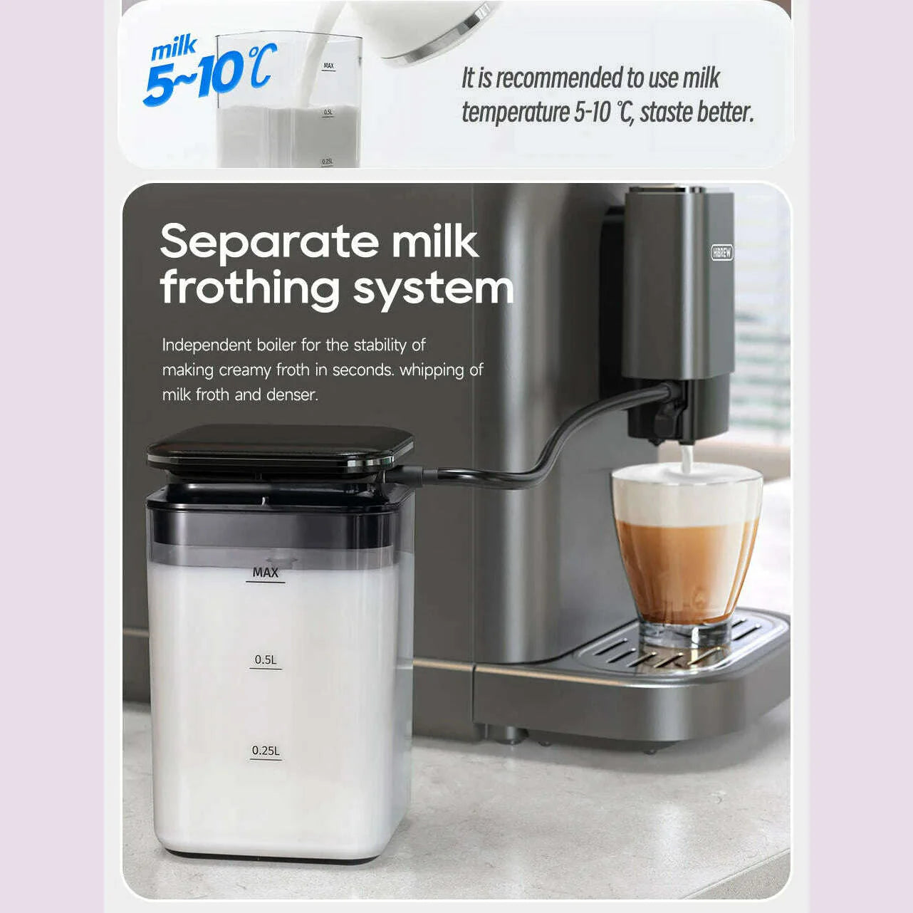 HiBREW Fully Automatic Espresso Machine Cappuccino Milk System 6 Coffee Varieties Intuitive Touch Display With Grinder H16