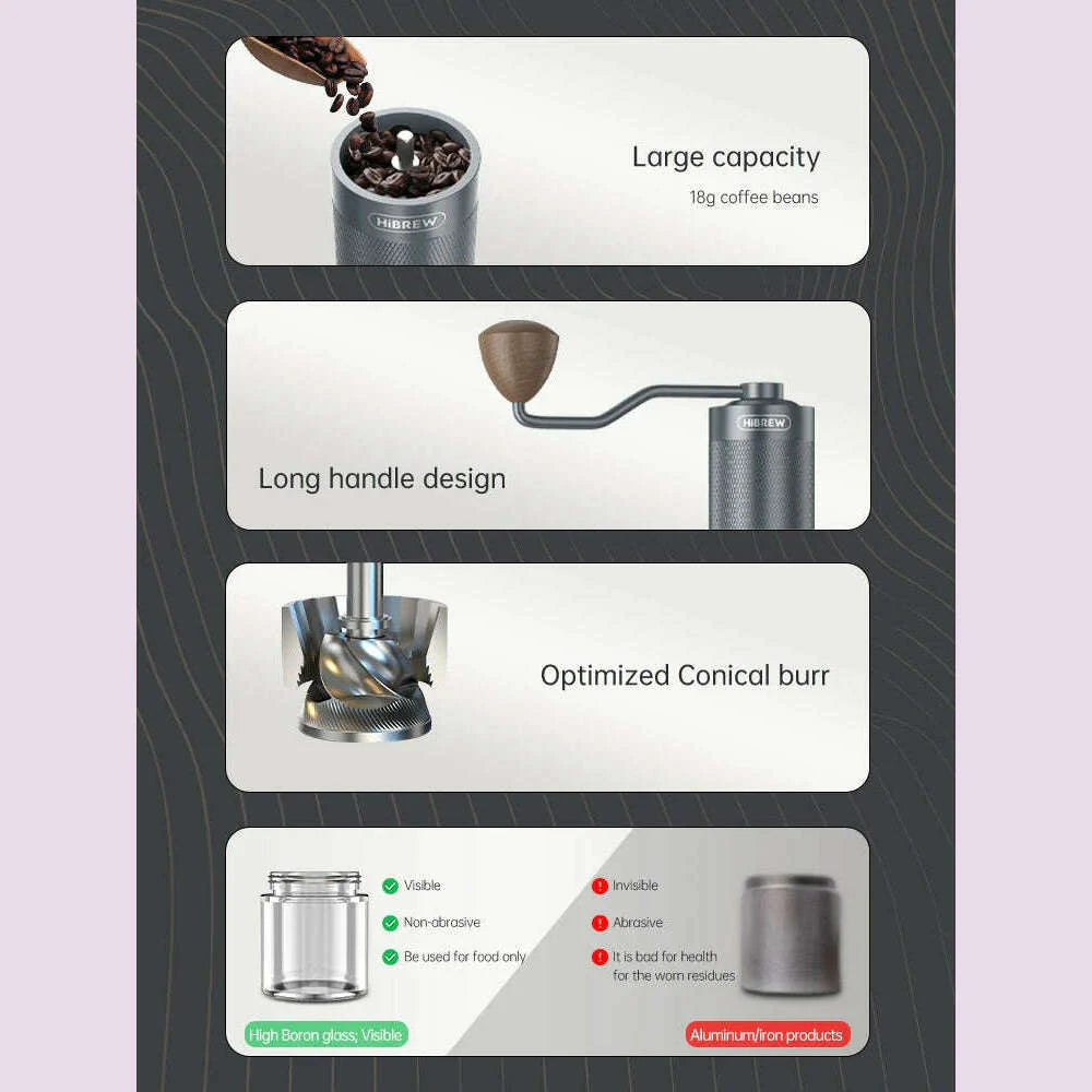 HiBREW Manual Coffee Grinder Portable High Quality Hand Grinder Mill Aluminium With Visual Bean Storage G4
